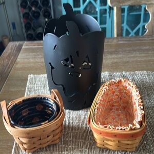 Halloween Pumpkin Black Metal Lantern and two Halloween baskets.